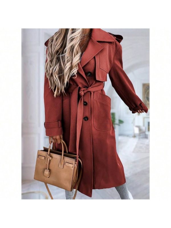 Local Shipping-[ Classic Lapel, And Pockets - Lightweight Windproof Overcoat In Solid Color - Machine Washable Polyester Blend For Casual And Formal Wear, Windproof Coat | Versatile Long Coat | Polished Appearance, Women's Double-Breasted Long Trench Coat With Belt,