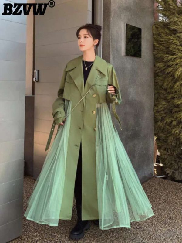 BZVW 2025 Autumn Trench Women Lace Patchwork Single Breasted Lapel Long Sleeves Coat Female Fashion
