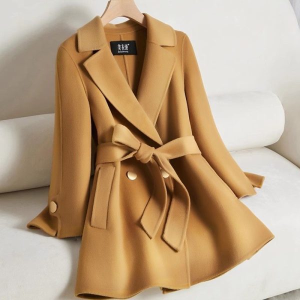 Luxury Black Double-sided Cashmere Coat for women New Winter 2025 With lace up Slim Short Woolen