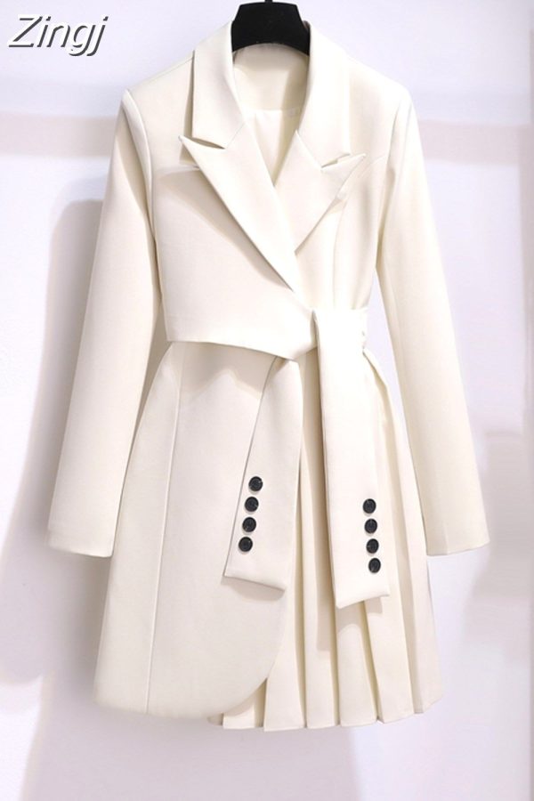 Zingj Women 2023 Spring New Fashion Women Clothing Suit Skirt Jacket Belt Waist Slim Suit Women Blazer Long Coat Black Blazers APRICOT-XXL