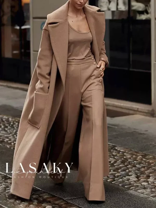 Lasaky – Elegant Long Sleeve Overcoat with Plain Lapel Collar for Everyday Wear