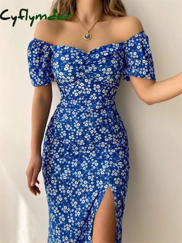 Cyflymder Sexy Floral Print Short Sleeve Hip Wrap Party Dress Elegant Off Shoulder Backless Dress New Summer Waist Slit Boho Long Dresses - 01 Pink / S
