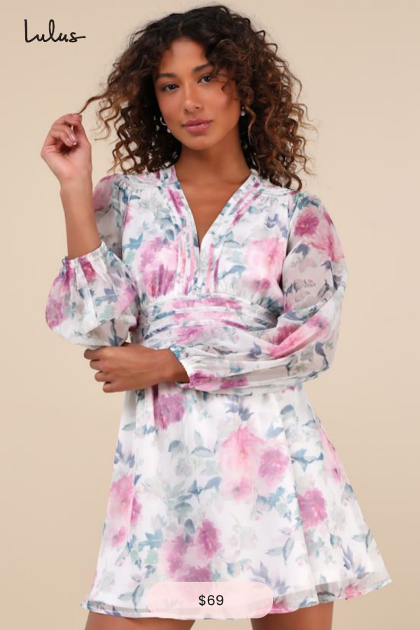 Gleaming Garden White Floral Print Long Sleeve Mini Dress | Lulus