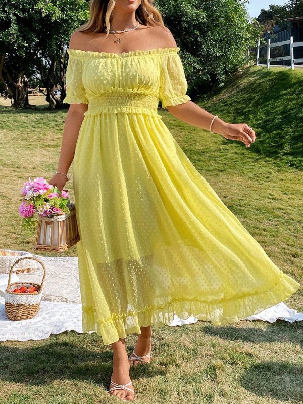 Plus Size Ladies Elegant Jacquard Off Shoulder Ruffled Long Dress