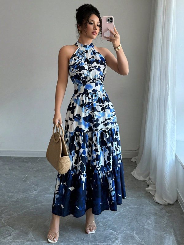 Women's Floral Print Waist Flare Sleeveless Casual Dress, V-Neck Elegant For Holiday Daily Commuting, New Style
