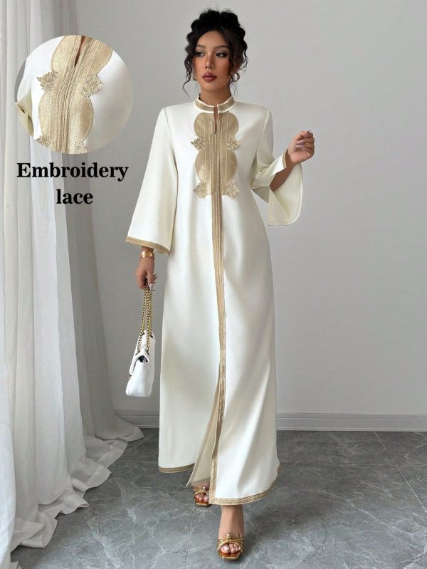 Elegant V-Neck Gold Embroidery Floral Lace Patchwork Slit Dress For Women