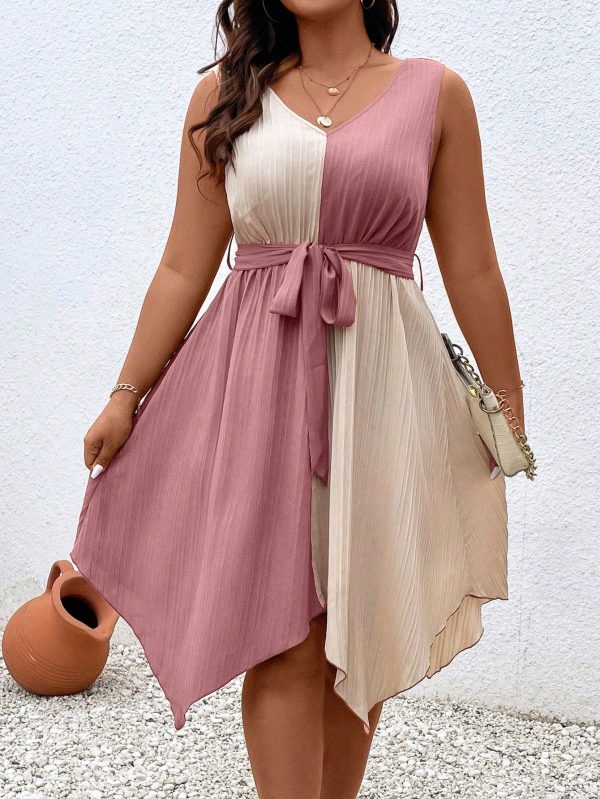 Plus Two Tone Asymmetrical Hem Belted Dress Maxi Women Outfit