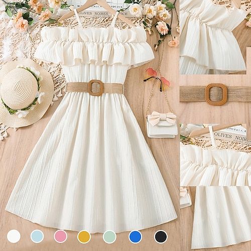 Kids Girls' Dress Solid Color Sleeveless Short Sleeve Outdoor Casual Ruffle Daily Casual Polyester Knee-length White Dress Casual Dress Summer 7-13 Years White Pink Blue