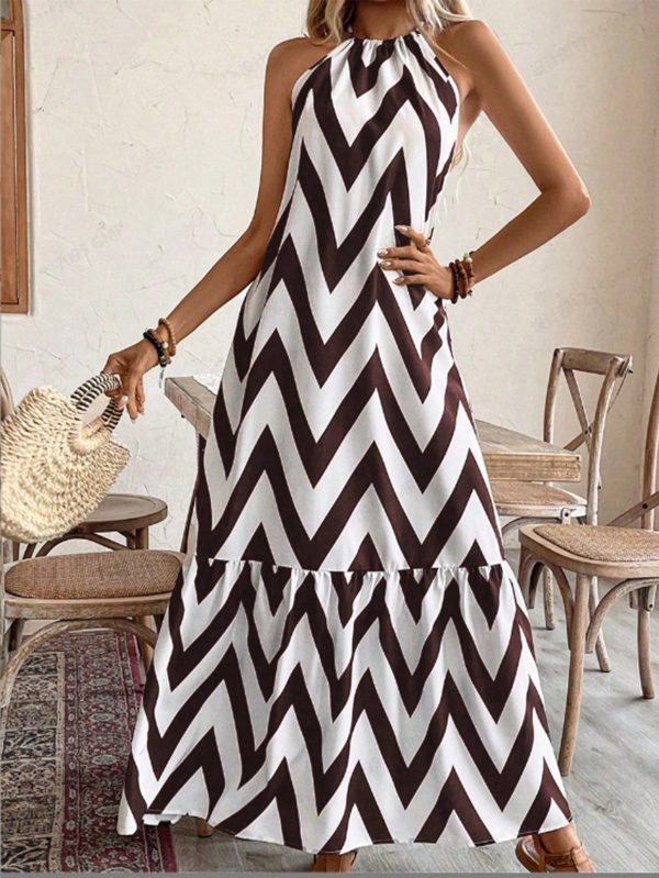 Ladies" Summer Long Wave Stripe Halter Neck Dress With Ruffled Hem Maxi Vacation Beach Outfits Women