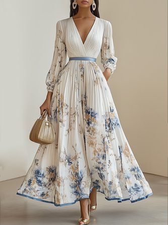 White Pleated Printing Chiffon V Neck Long Sleeve Balloon Sleeve A-Line Maxi Daytime Dress