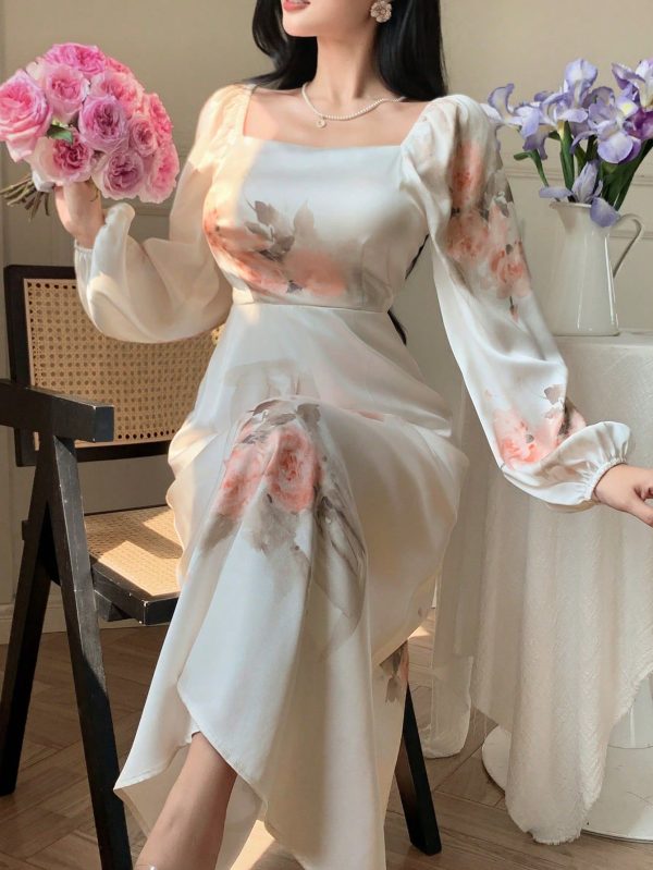 Women Floral Print Square Neck Long Sleeve Dress, Suitable For Summer