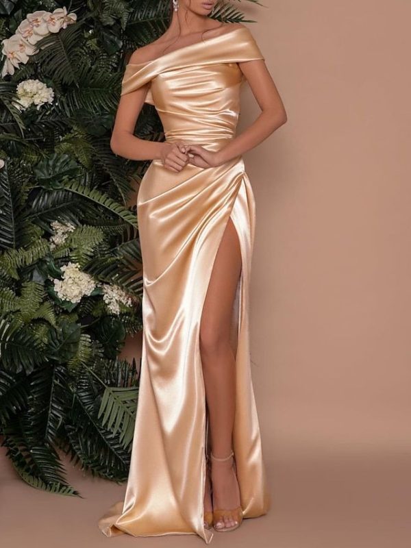 Vestido de Noche de Sirena Dorado Vestido Sexy Formal Invitada de Boda Cola Barrida/Hacia el Suelo Sin Mangas Hombros al Descubierto Satén con Rajo 2025 2025 - $170.99