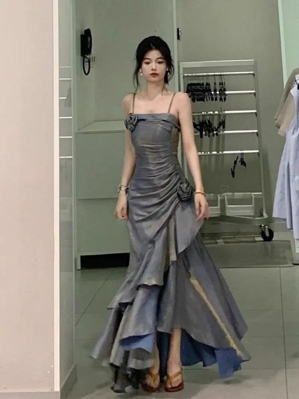 Cyflymder Korean Vintage Velvet Long Dress Women Luxury Slim Mermaid Spaghetti Strap Floral Dress Elegant Sexy Casual Evening Party Dress - As Picture / L