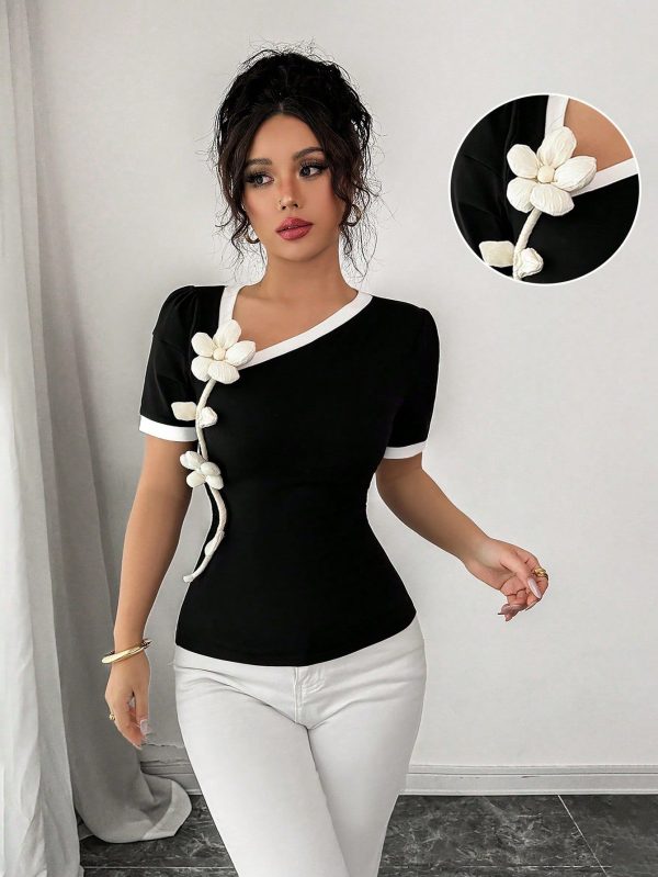 Women's Spring/Summer Colorblock Asymmetrical V-Neck Waist Pleated Short Sleeve T-Shirt, 3D Floral Decor, Suitable For Casual Daily Life, Work, Travel, Beach