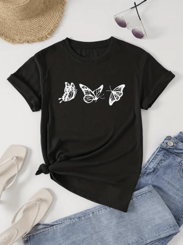 Butterflies Print Crew Neck T-Shirt - Fashionable Womens Graphic Print T-Shirt - Casual Short Sleeve Crew Neck Top - Lightweight & Breathable For Spring & Summer Wardrobe, 1 Piece, 200g