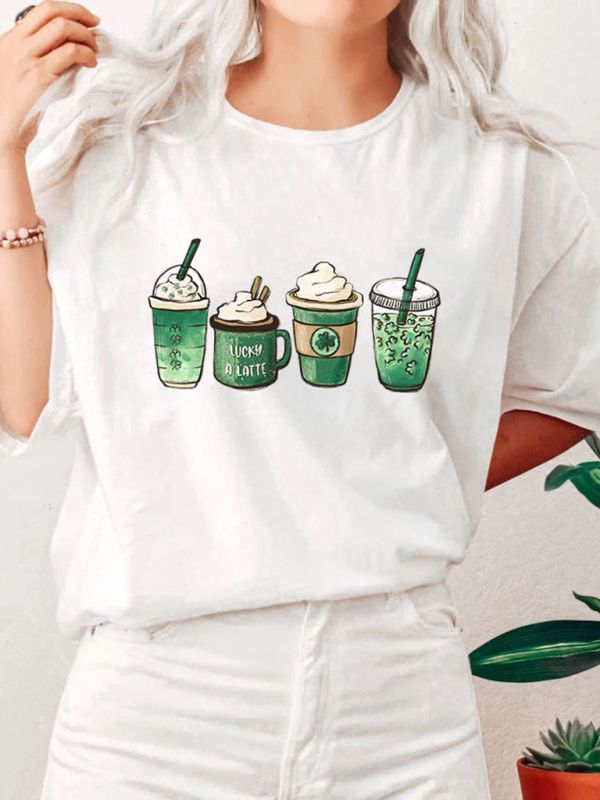 Women's knitted casual round neck four-leaf clover print short-sleeved T-shirt