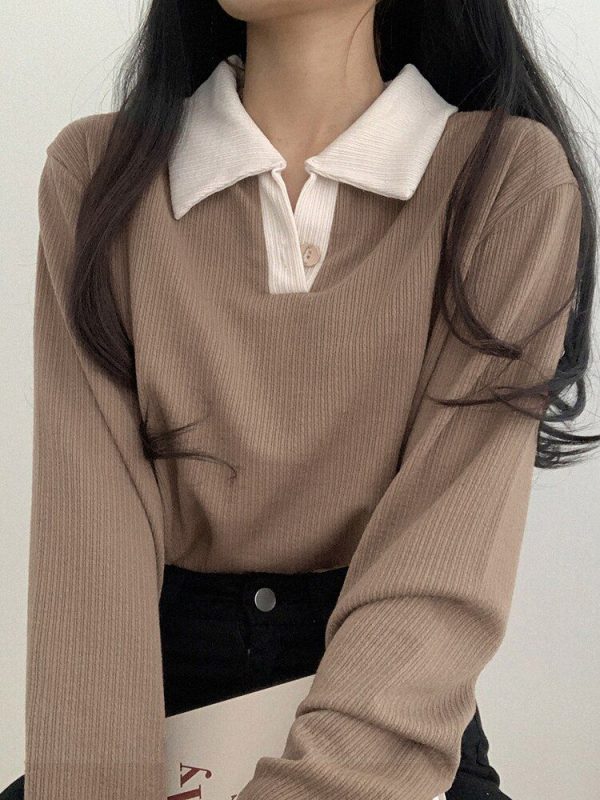 Zingj SUCHCUTE Solid Polo Knitted Top Tee Casual Autumn Winter Long Sleeve Women T-shirts Korean Fashion Button Up Preppy Style Cloth Khaki-M