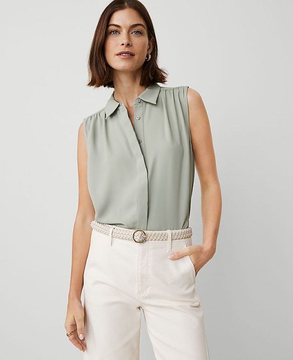Ann Taylor Shirred Yoke Sleeveless Shirt Size XL Seagrass Women's
