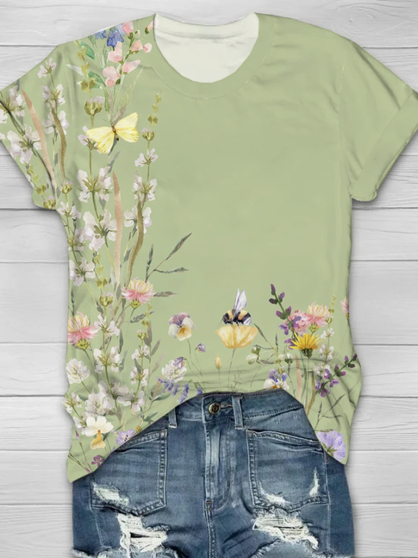 Women Floral Casual Short Sleeve Tee T-shirt Crew Neck Summer Printing Graphic Tee Top
