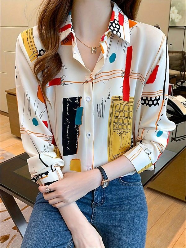 Women Printed Long Sleeve Shirt With Full Buttoned Front And Lapel Collar,Long Sleeve Tops