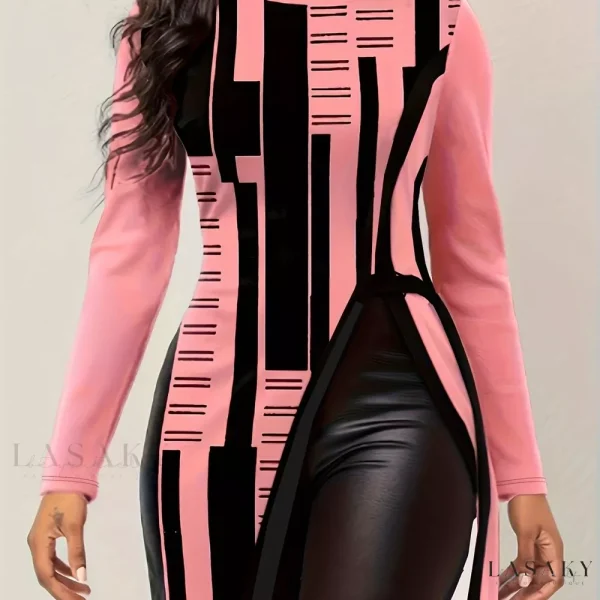 Lasaky – Contemporary Geometric Print Split Hem Top: Versatile Crew Neck Long Sleeve Apparel for Spring & Fall, Womens Attire