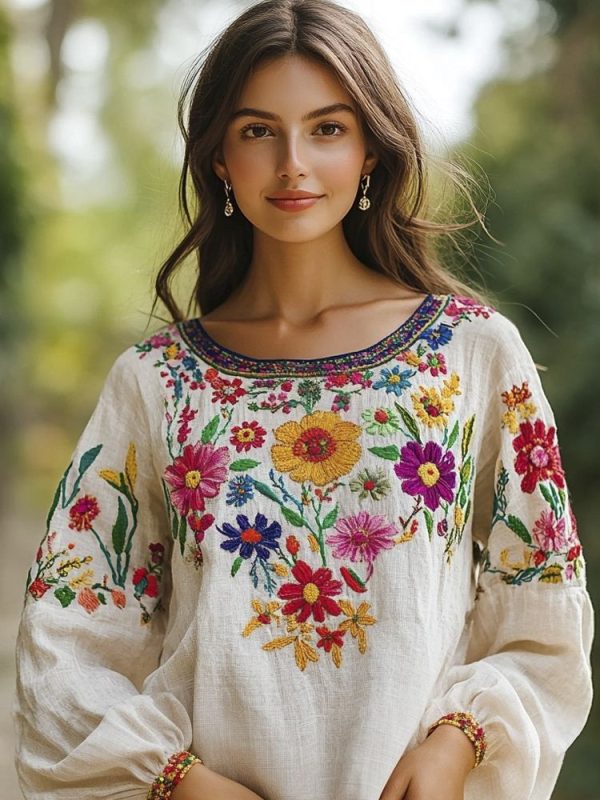 Lunivibe Bohemian Floral Embroidered Vacation Women's Linen Shirt