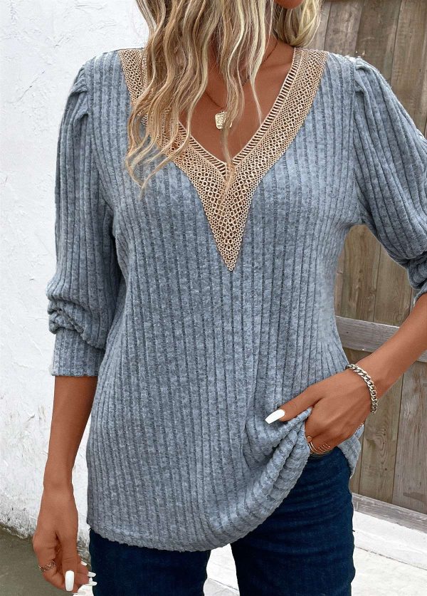 Lace Dusty Blue V Neck Long Sleeve T Shirt