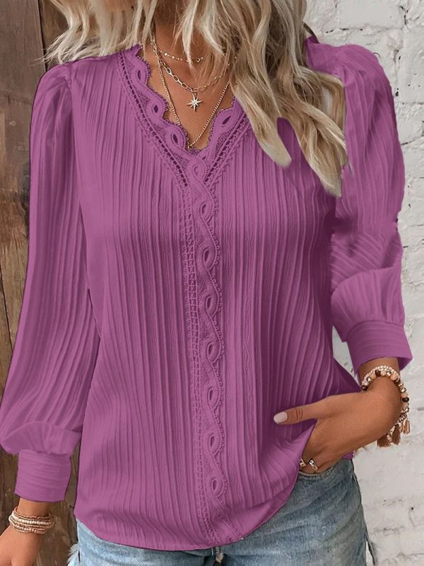 Zingj Zingj Wise Style Autumn Long Sleeve V Collar Lace Splicing Shirt Violet-M