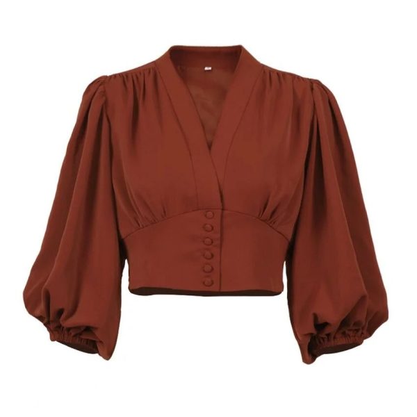 Zingj Retro Lantern Sleeve Womens Cropped Blouses Vintage Brick Red Tops Female Short Shirt V-Neck Slim Breasted Draped Blouse