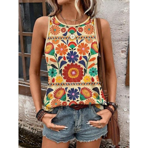 Women's Shirt Blouse Floral Graphic Bohemia Hawaiian Ethnic Sleeveless Crew Neck Regular Tops Daily Print Black Yellow Summer Spring