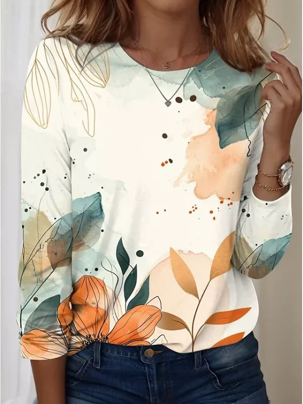 Women's T Shirt Floral Graphic Casual Long Sleeve Crew Neck Regular Tops Daily Print Yellow Spring Fall 2025 - $23.99