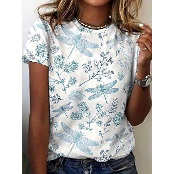 Women's T Shirt Rose Floral Graphic Elegant Vintage Fashion Short Sleeve Round Neck Regular Tops Daily Going out Weekend Print Light Blue Summer