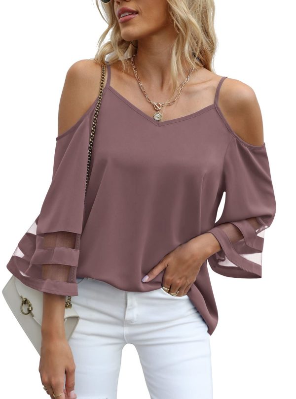 Jouica Women‘s Summer Cold Shoulder Tops Mesh Panel 3/4 Bell Sleeve Tees Adjustable Spaghetti Strap Loose Fit Shirts