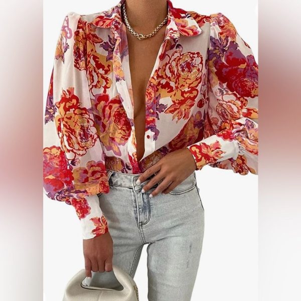 Nwt Womens Tops Button Down Shirts Print Long Sleeve Blouses | Color: Red/White | Size: Various