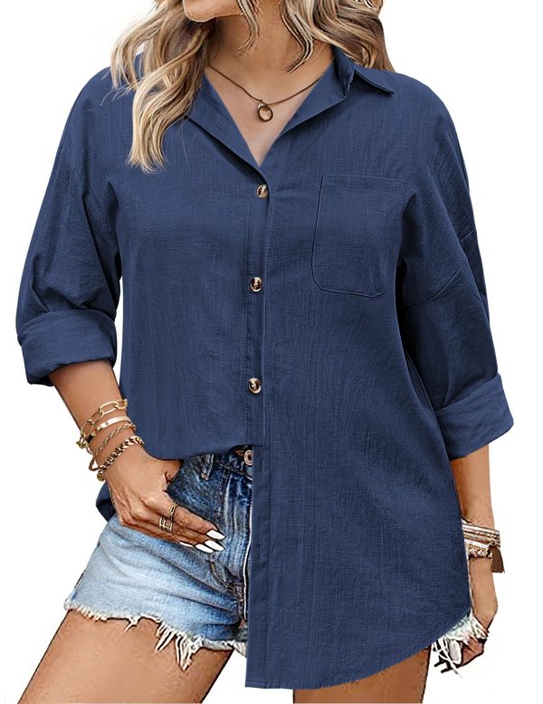 IN'VOLAND Womens Plus Size Linen Button Down Shirts Long Sleeve Cotton Casual Collared Shirt Loose Blouses Tops with Pocket
