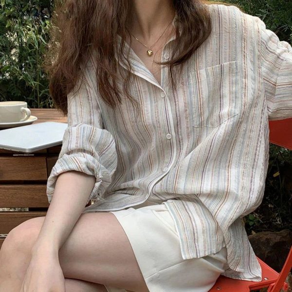 Oversized Plaid Long Sleeve Blouse - white S