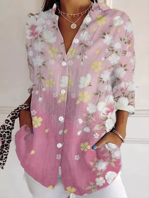 Women's Shirt Ombre Floral Graphic Daily Stylish Retro Vintage Long Sleeve Shirt Collar Regular Tops Daily Holiday Going out Buttons Pink Summer Spring 2025 - $32.99