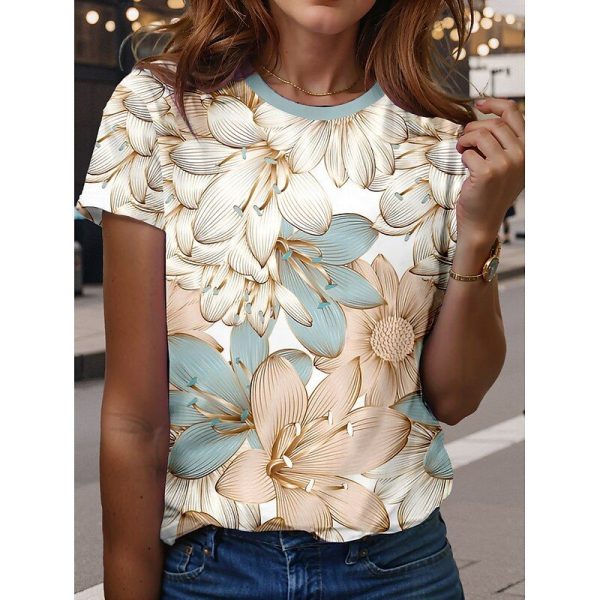 Women's T Shirt Floral Casual Short Sleeve Round Neck Regular Tops Daily Print Light Blue Summer