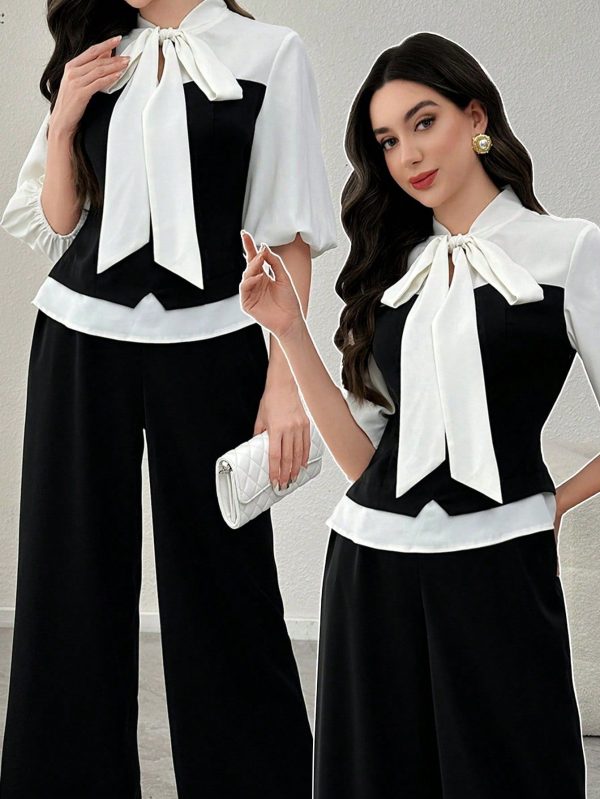 2pcs Women Set: Lantern Sleeve Tie Waist Top + Casual Long Pants, Spring/Summer
