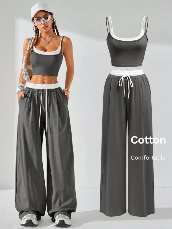 Women's Fashion 2 Pieces Set, Contrasting Color Splice 2 In 1 Cami Top & Pants, Suitable For Spring & Summer Casual Wear,Summer Sets
