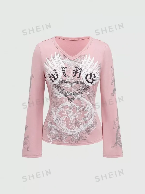 ROMWE Fairycore Women's Spring & Summer V-Neck Long Sleeve Casual T-Shirt With Letter & Wing Print