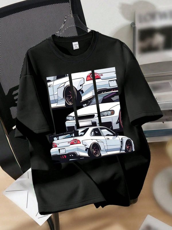 1pc White Sports Car Print Crew Neck Short Sleeve T-Shirt, Cotton, Casual For Tween Boys In Summer