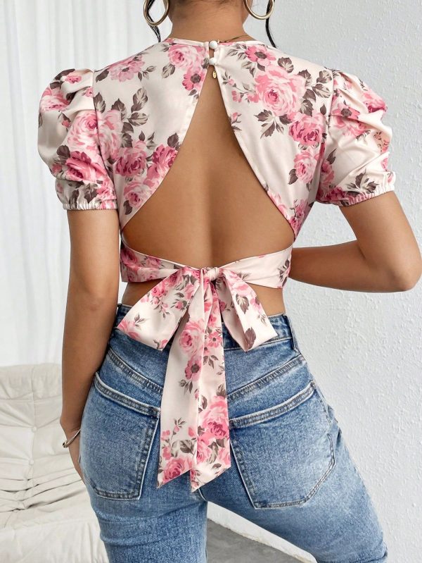 Women's Floral Print Tie-Back Puff Sleeve Cropped Blouse,Short Sleeve Tops