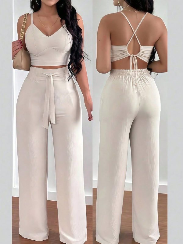 2 Pieces Set: Backless Spaghetti Strap Strappy Jumpsuit & Straight Leg Pants, Casual Beach Vacation Wear
