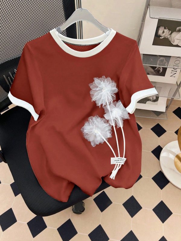 Women's Summer Casual T-Shirt With 3D Flower Decoration Graphic Tees Women Tops