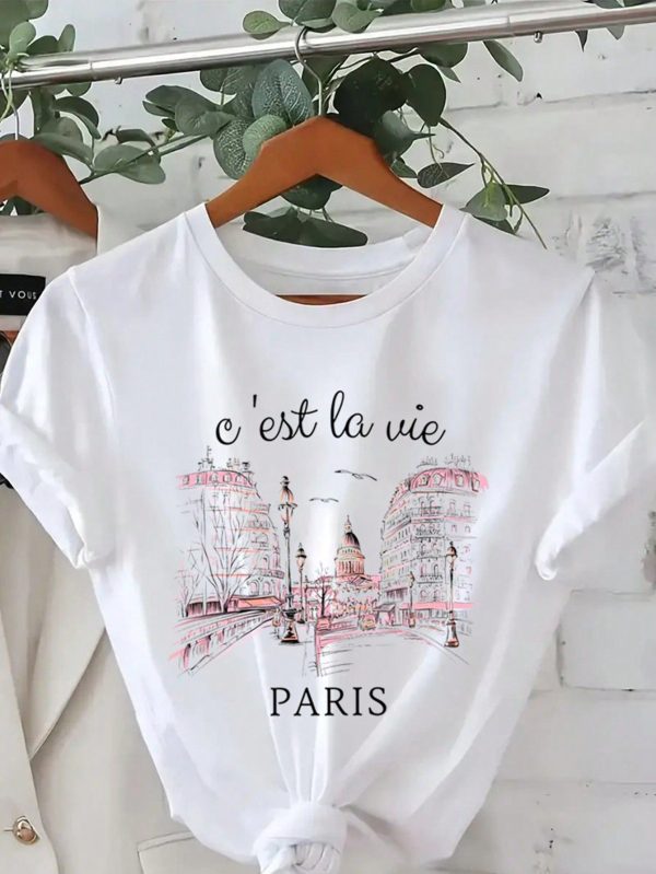 Women's Casual Street Scene & Letter Printed T-Shirt, Summer Graphic Tees Women Tops