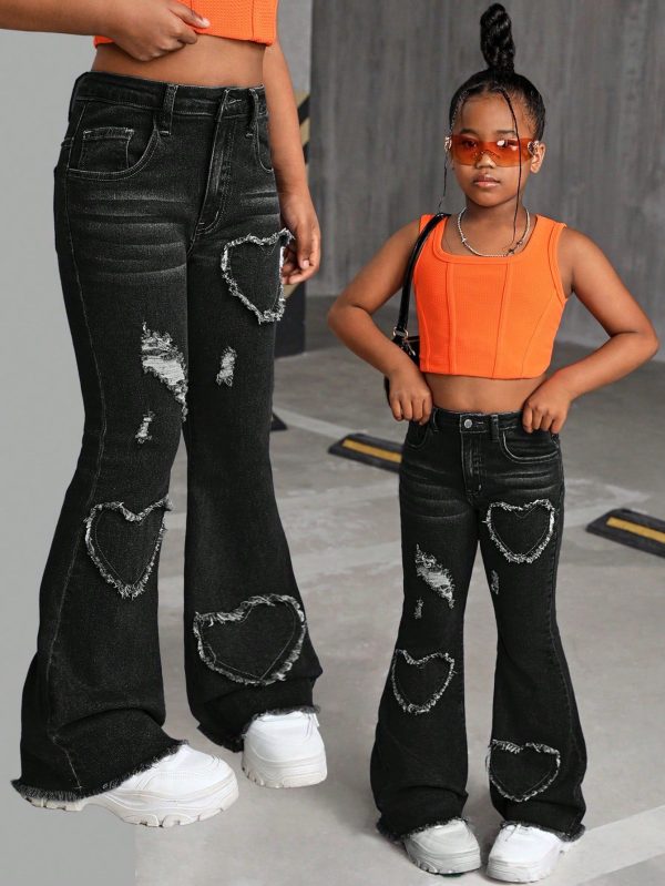 Tween Girls Y2K Heart Pattern Distressed Flared Denim Flare Leg Jeans,Girls Fall Clothes Back To School Outfits
