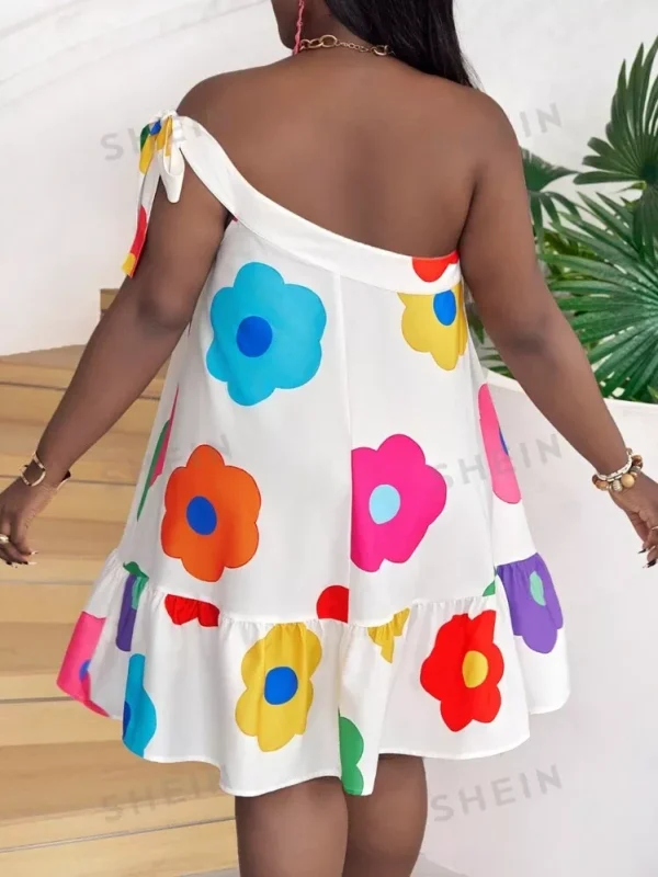 Slaydiva Plus Size Casual Colored Printed One Shoulder A-Line Swing Summer Dress