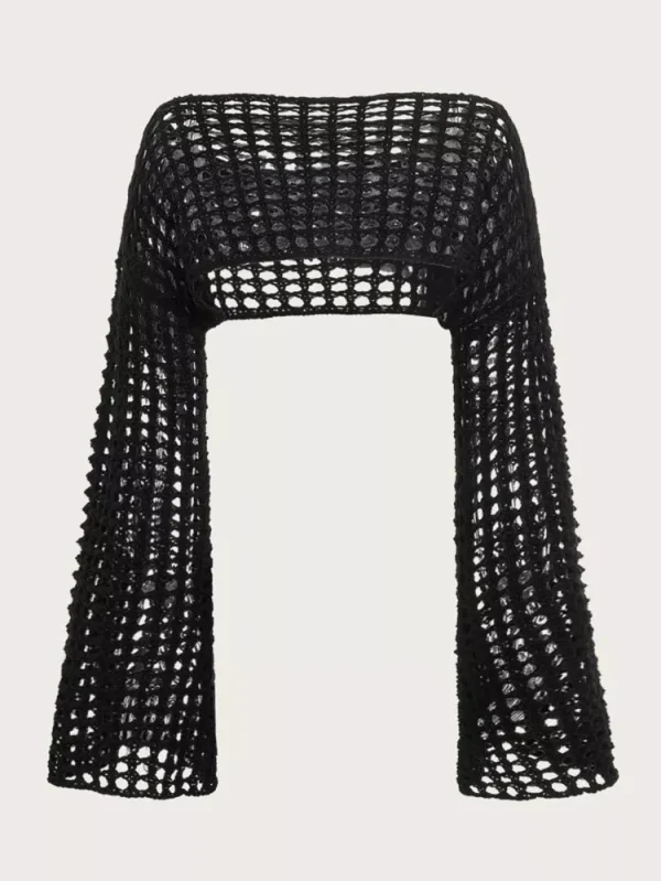 ROMWE Fairycore Summer Crochet Hollow Out Crop Sweater, School,Long Sleeve Tops