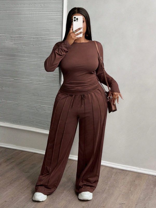 Women's Brown Drawstring Casual Straight-Leg Sports Sweatpants + Solid Long Sleeve T-Shirt, 2 Piece Set, Autumn/Winter